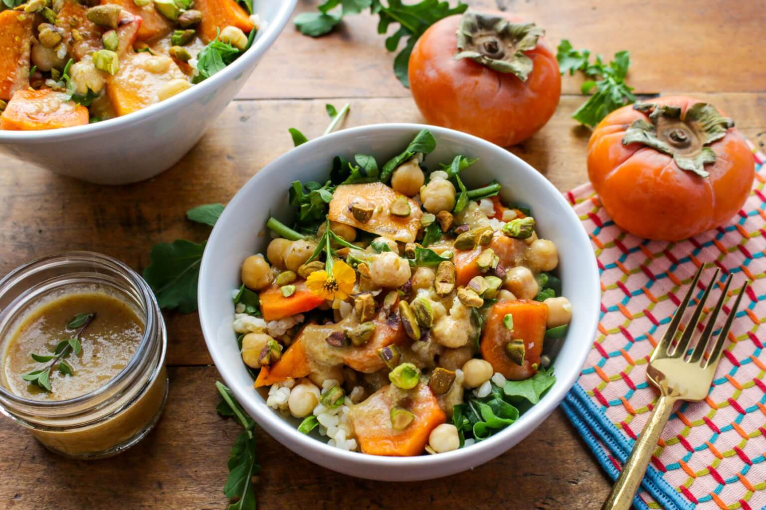 Persimmon Brown Rice Arugula Salad with Tahini Dressing