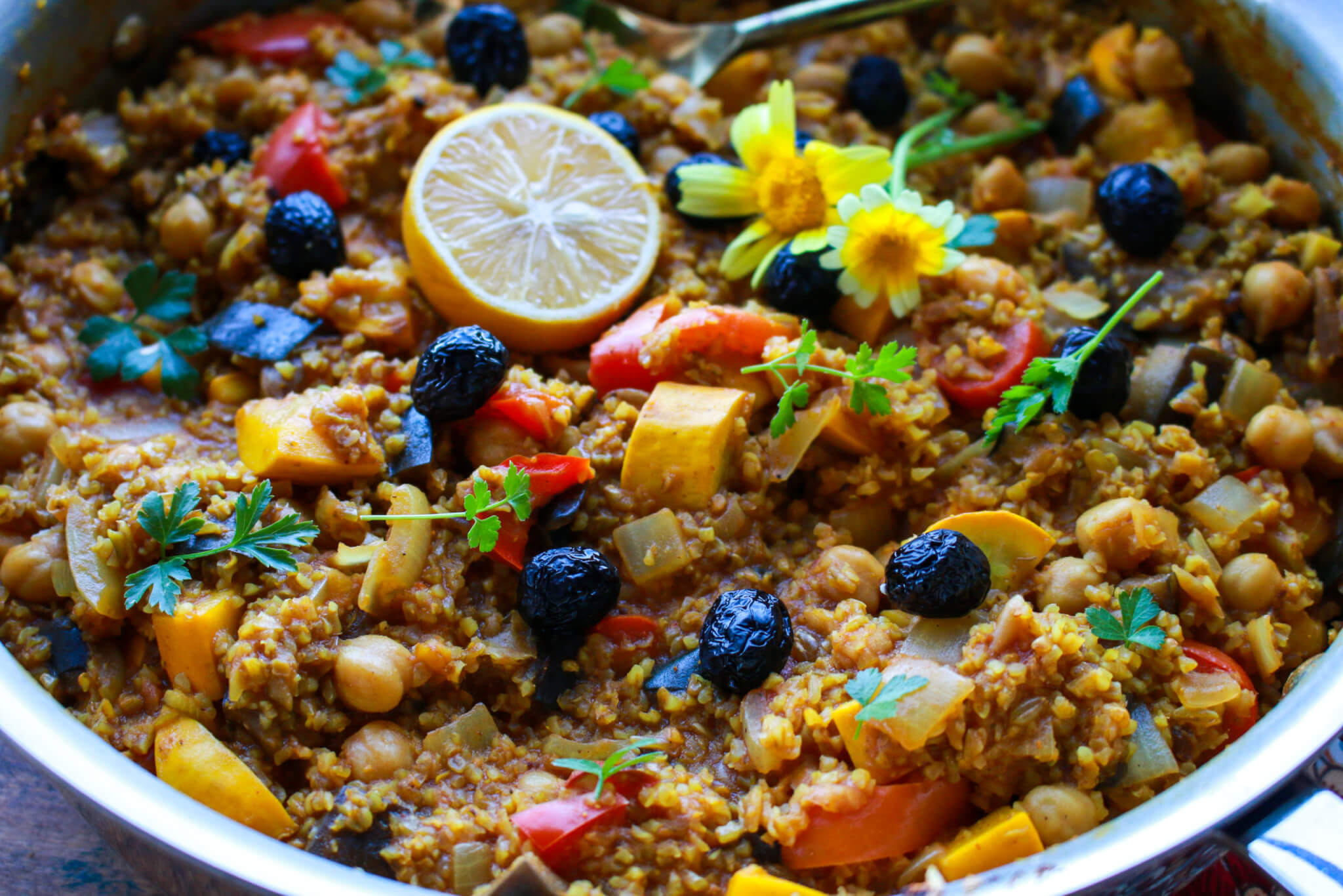Moroccan Chickpea Freekeh Eggplant Skillet