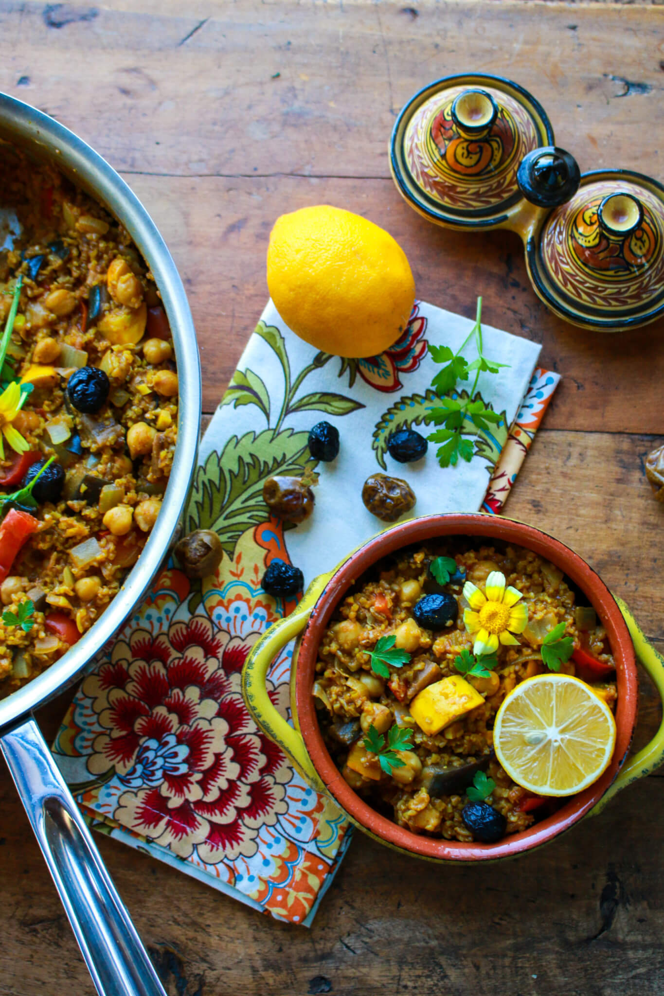 Moroccan Chickpea Freekeh Eggplant Skillet