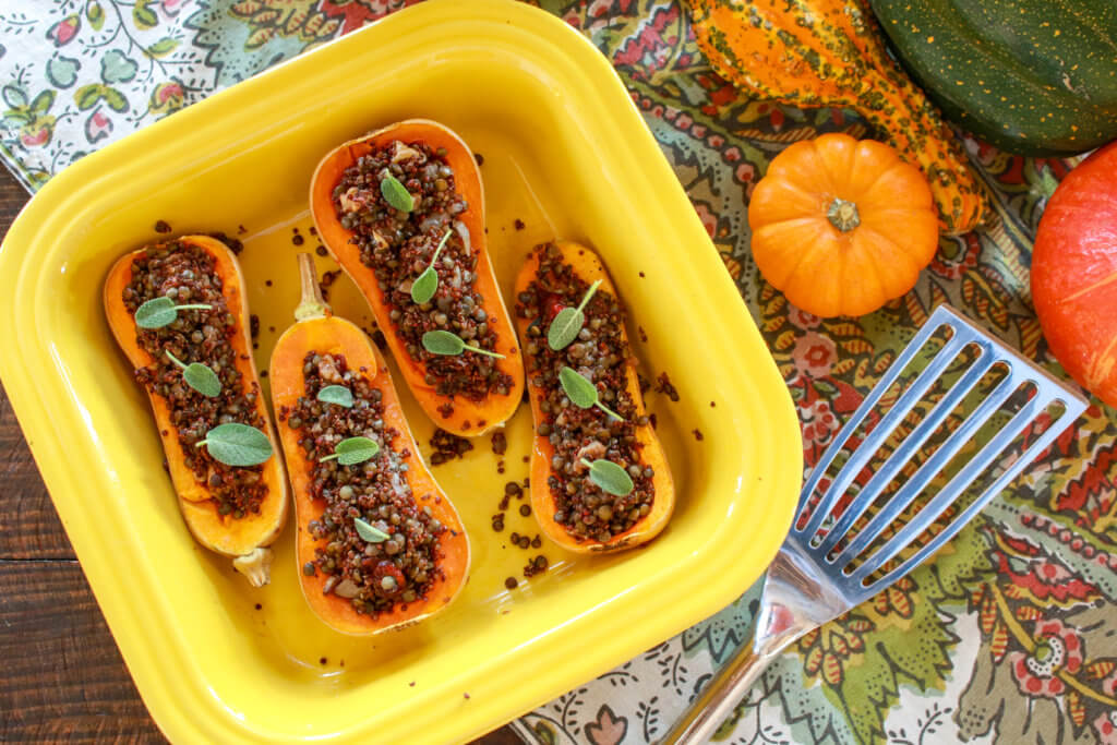 Stuffed Butternut Squash with Sage Lentil Filling
