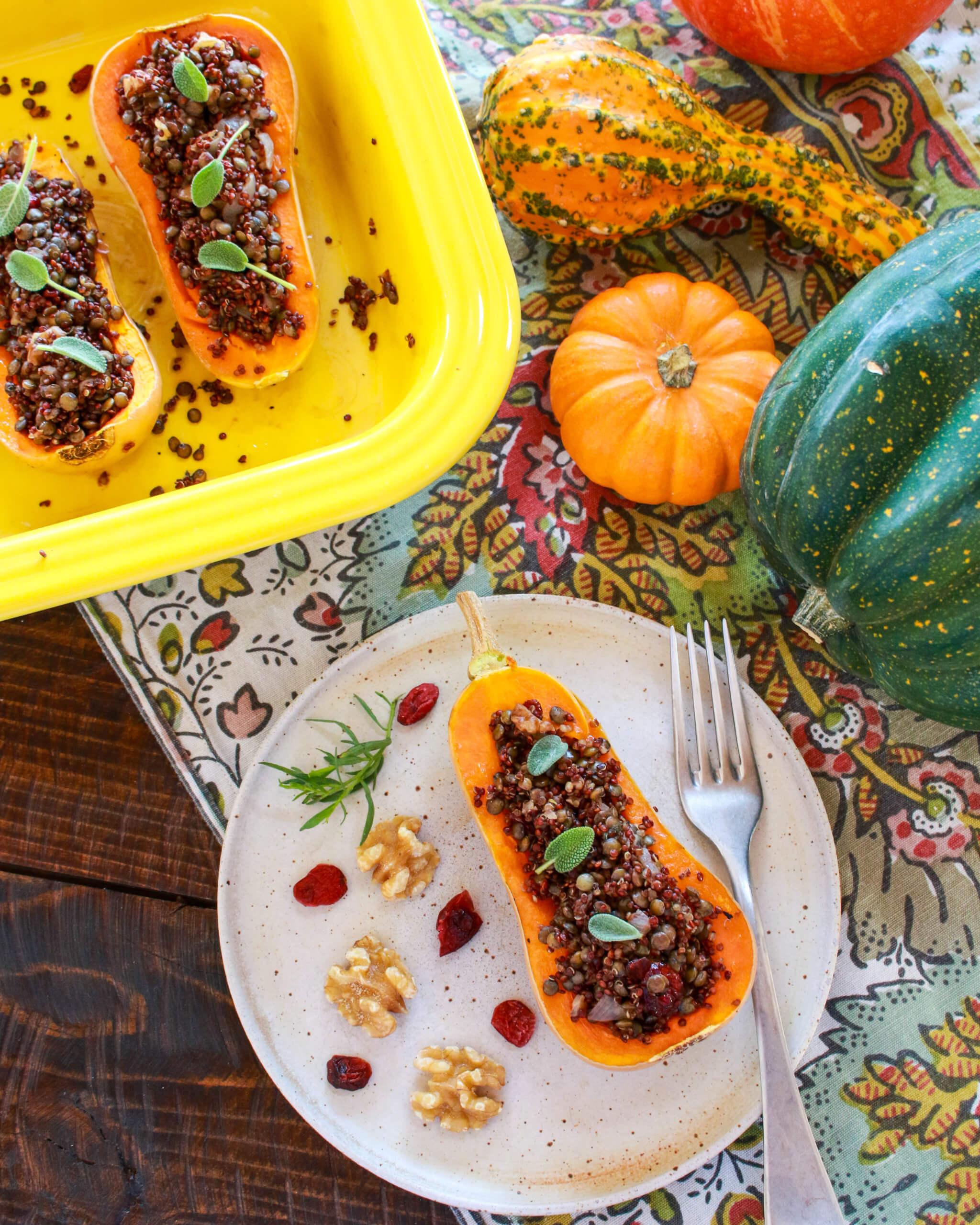 Stuffed Butternut Squash with Sage Lentil Filling