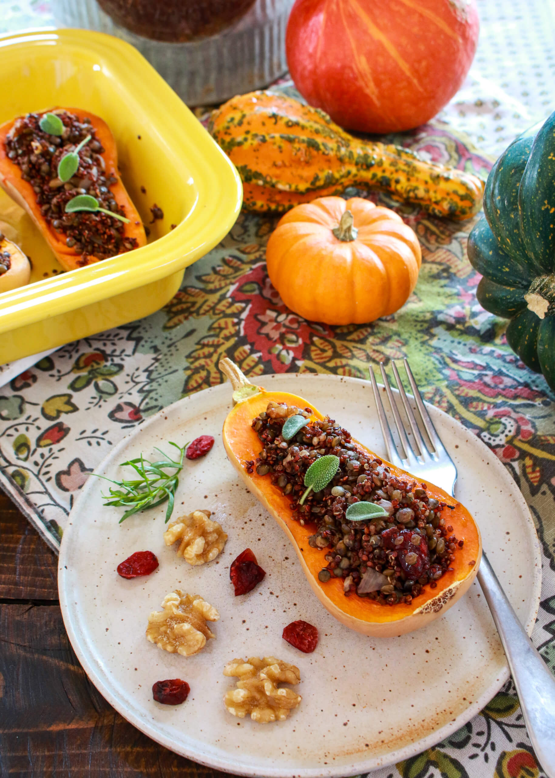 Stuffed Butternut Squash with Sage Lentil Filling
