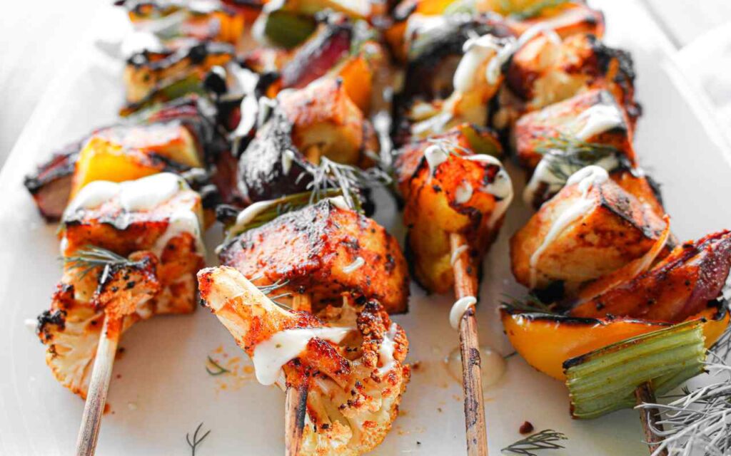 Buffalo Cauliflower Tofu Skewers